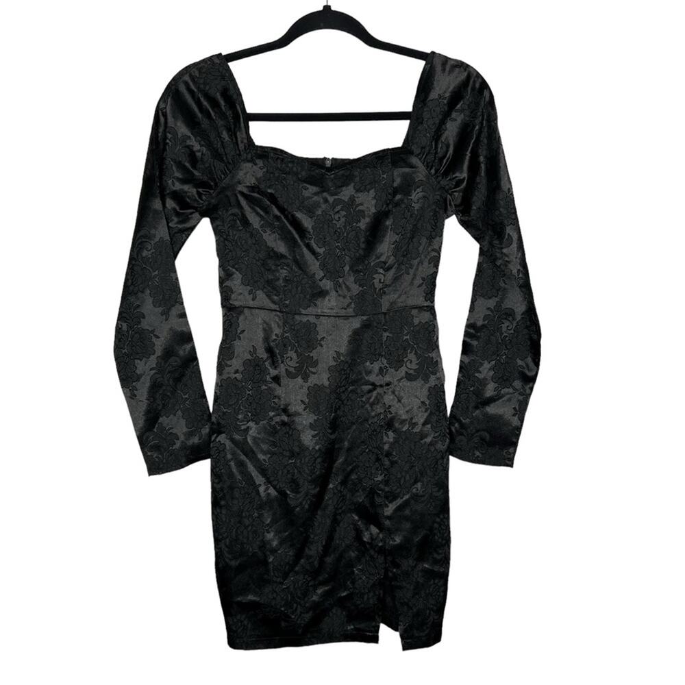 PRETTY LITTLE THING / black jacquard puff sleeve bodycon mini dress / 0